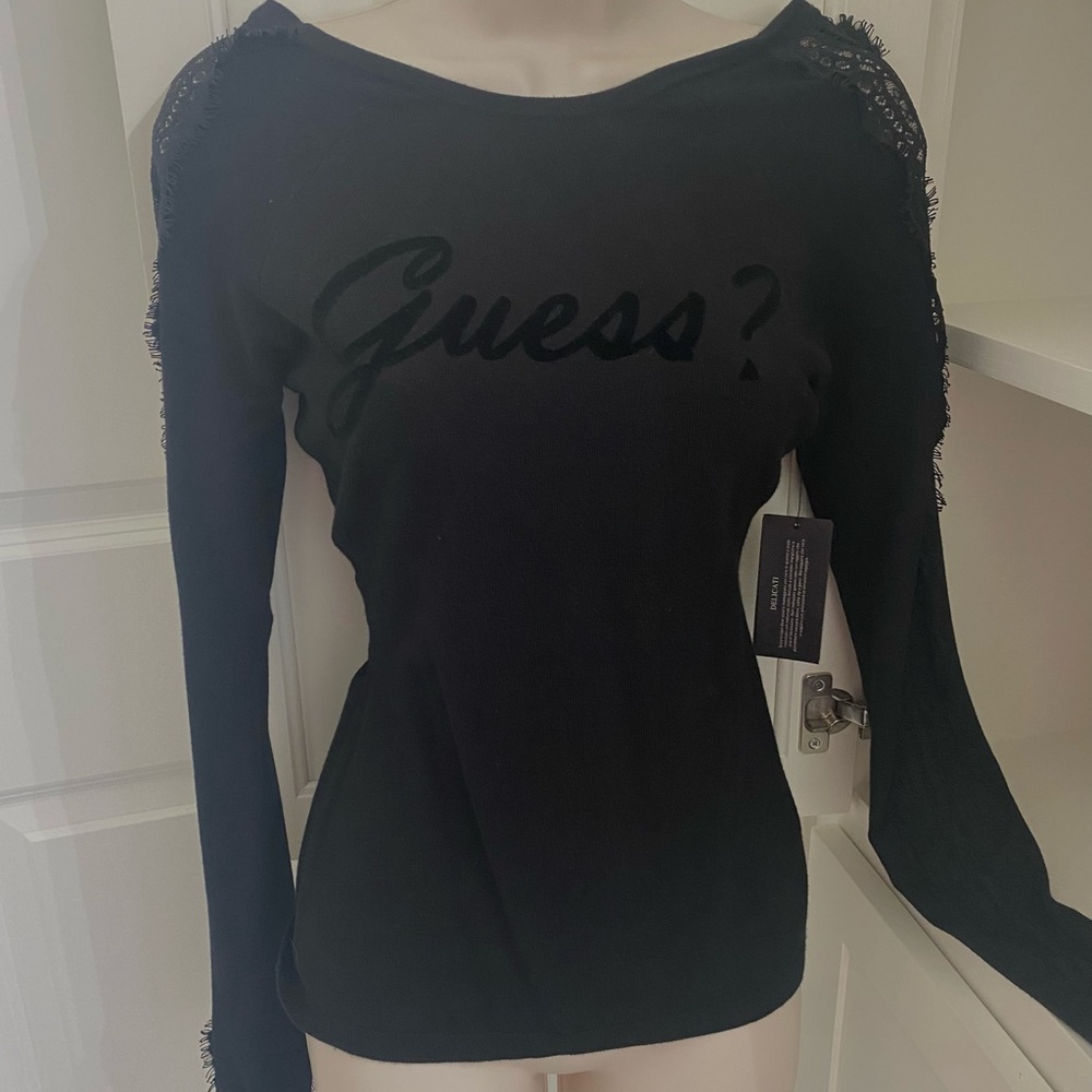 MWT Guess Black holly sleeve lace logo top